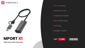 Mport X1 2-In-1 Connector Gigabit Ethernet 3.0 + Type C USB Hub (POR 2041) Grey