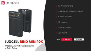 Luxcell Bind Mini 10K 22.5W 10000mAH Fast Charging Power Bank (POR 2260) Black